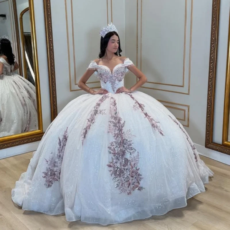 

Customized Shiny ivory white Quinceanera Dresses Off the Shoulder sequin applique Lace ruffle Bow Vestido 15 Quinceanera
