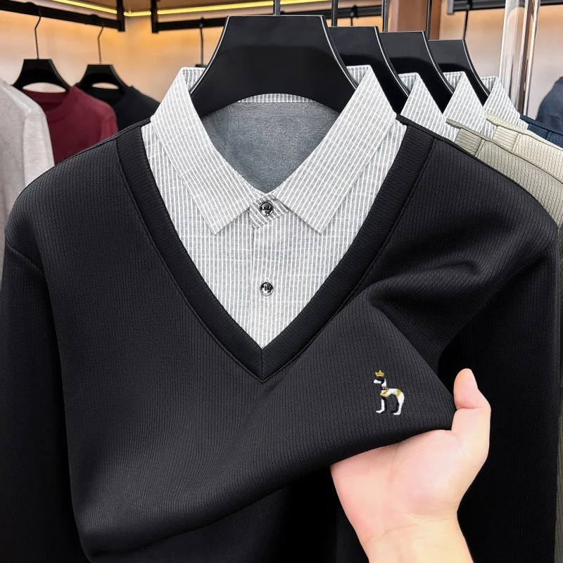 High Quality Men's Autumn Winter Long Sleeved Knitted Sweater False Two-Piece Lapel Embroidery Fashion Casual New Men's Clothing