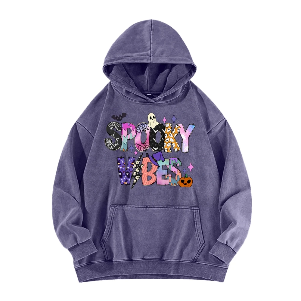 Vibes Cheerful Bat Ghost Pumpkin Casual Washed Hoodie Women's Halloween Autumn Winter Spoky Season Graphic Sweatshirt