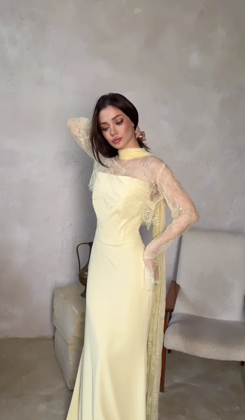 

Arabian Night Luxurious Mermaid Chiffon Lace Women's Evening Party Dresses Prom Gowns Yellow Floor-Length abendkleider hochzeit