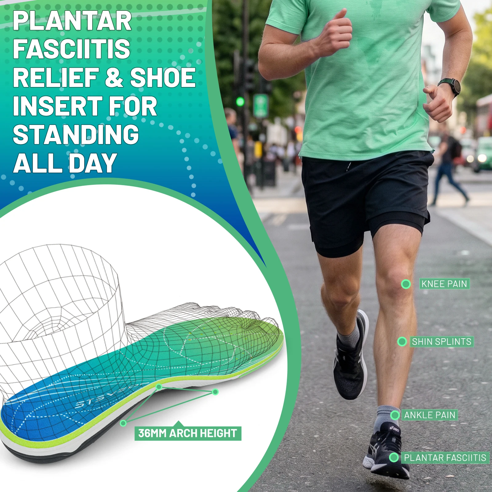 IFITNA Plantar Fasciitis Insole, Arch Support Orthopedic Insole Orthotic Shoes Inserts Flat Feet Heel Pain Athletic Cushion Sole