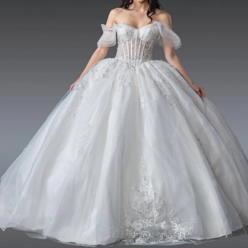 

White Shiny Quinceanera Dresses Ball Gown Off The Shoulder Applique Lace Beads Tull Party Birthday Sweet 16 Dress Vestidos 15