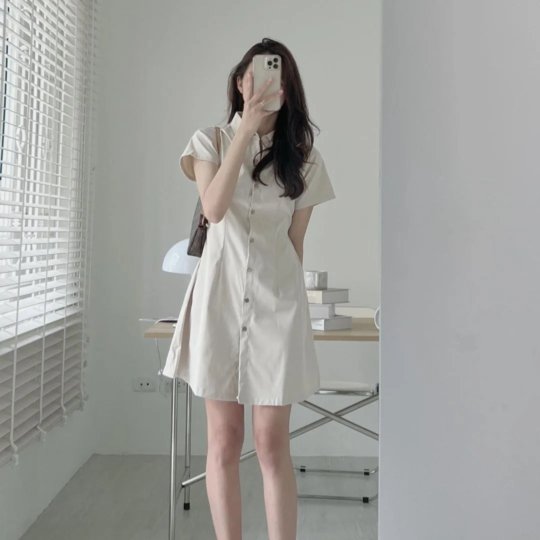 Fashionable Korean Style Shirt Dress 2026 Summer New Four Color Waist-Cinching Short Sleeve Women's Clothing Chic Dress