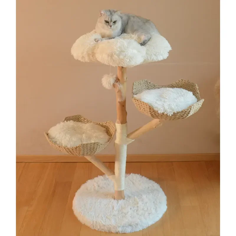 for Light Luxury Natural Fruit Wood Cat Tree Solid Wood Rattan Cat Nest Big Cat Tower Suitable for Multiple Cats to Play