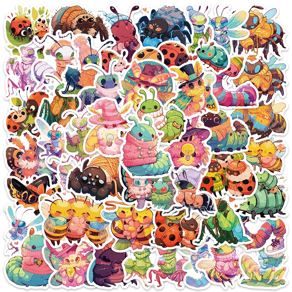 

50pcs Cute Cartoon Candy Color Insect Stickers Ladybug Spider Bee Water Bottle Sticker Luggage Laptop Guitar Vinyl Decals