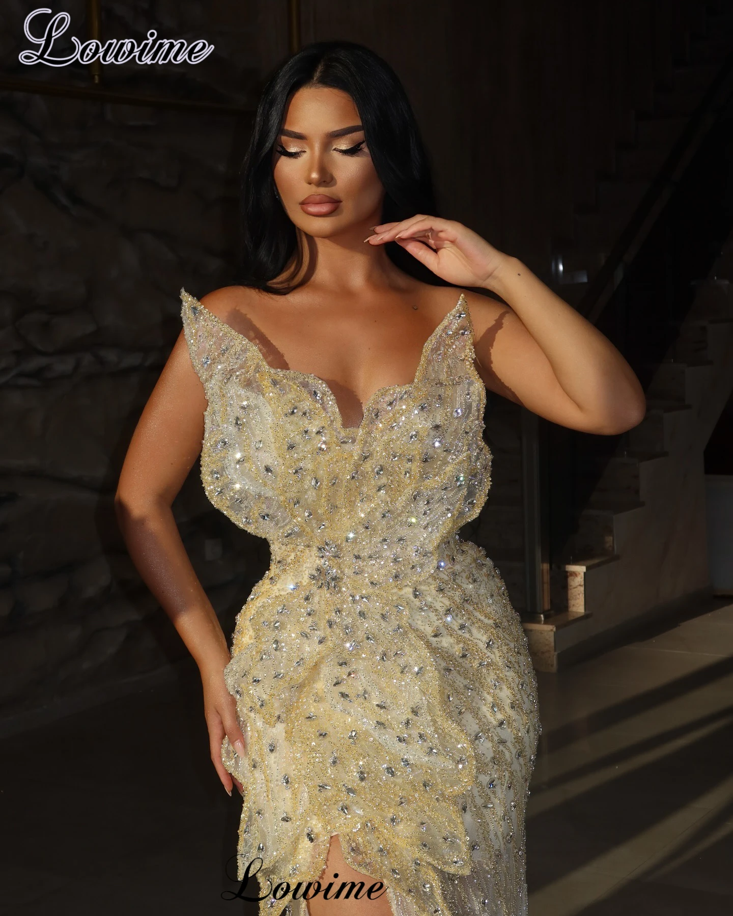 Newest Light Yellow Celebrity Dresses With Side Slit Designer Crystals Pageant Gowns Evening Gowns Mermaid Vestidos De Gala