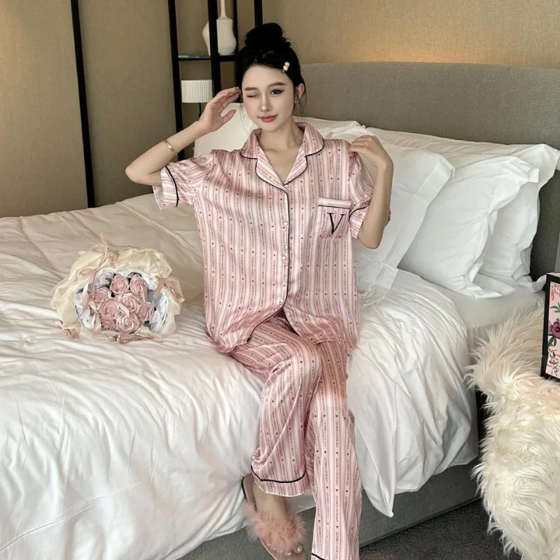 TXii Newlook Pajamas Women\'s Spring and Summer New Cardigan Ice Silk Three-piece Luxury high quality Home Clothes ·1