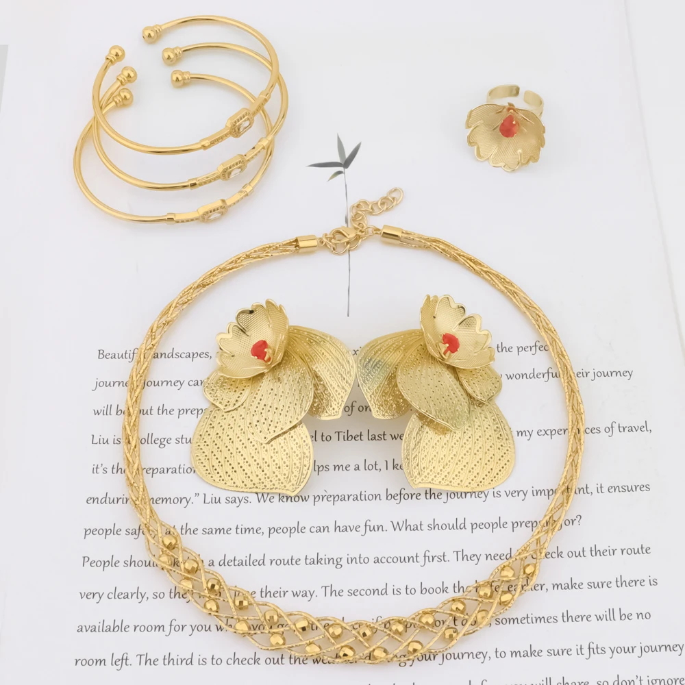 2025 African Gold Color Luxury Flower Shape Necklace Ring Earrings Bracelet For Women Fashion Jewelry Set Gift For Party