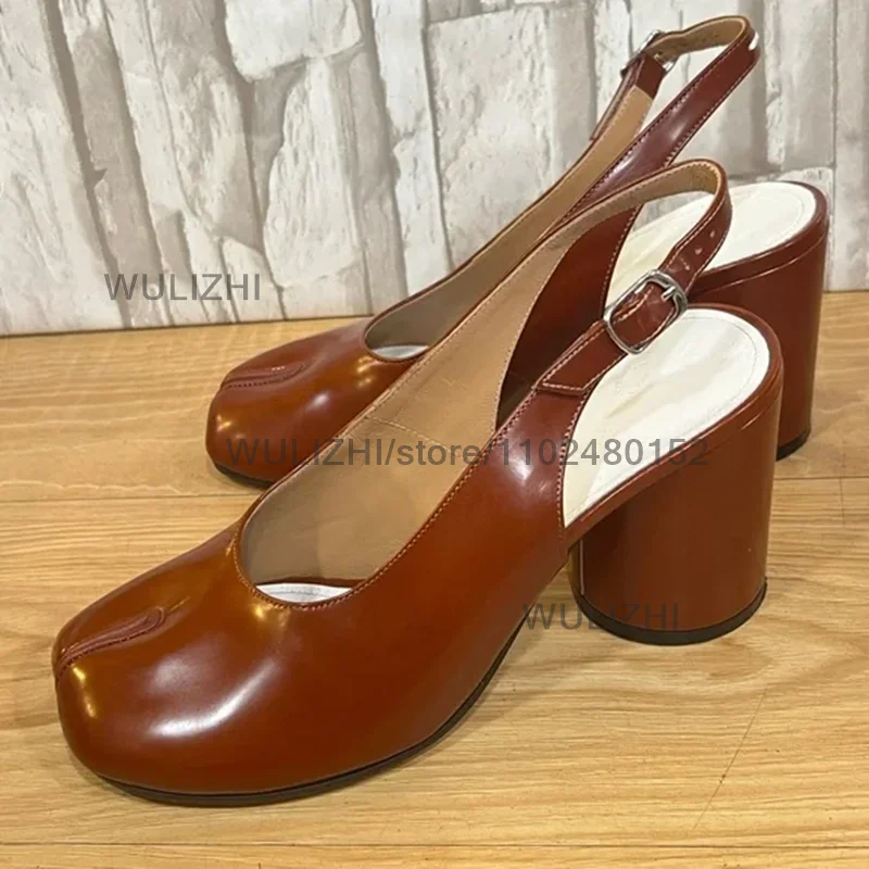 

Dark Brown Leather 5Cm Round Heel Slingback Sandals Tabi Patent Leather Shiny Summer Pump Casual Ladies Concise Shallow Shoes