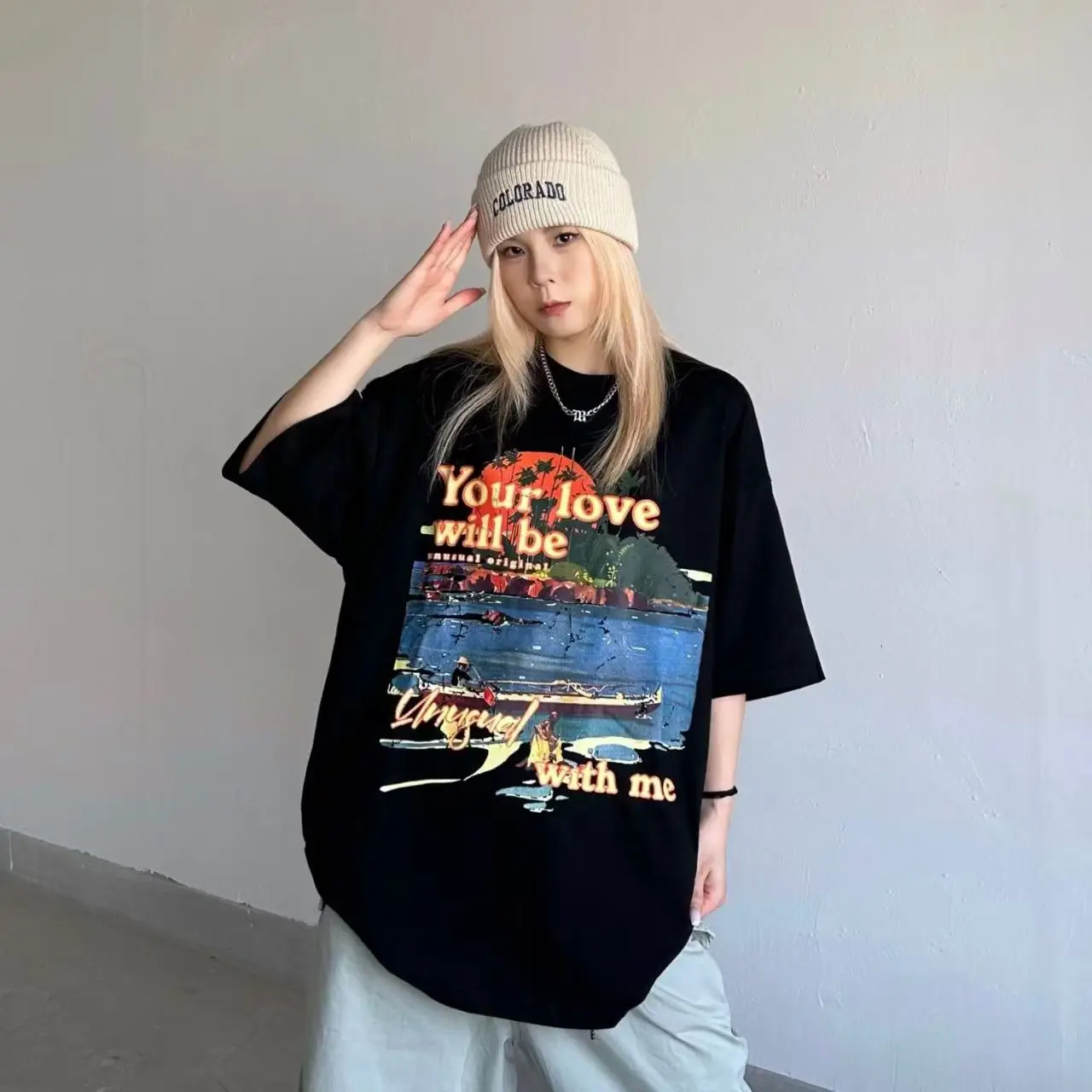 American Vintage Sunset Printing Cotton Oversized T Shirt Women Short Sleeve Hip Hop Streetwear Loose Casual Tshirts Summer 2026