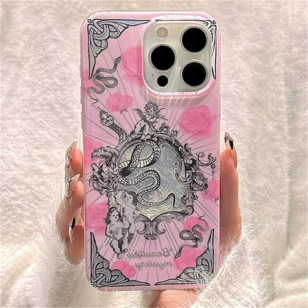 Retro Y2K Cupid Flower Snake Couple Phone Case Compatible With iPhone 16 Pro Max 15 Pro Max 14 Pro 13 Pro Shockproof Back Cover