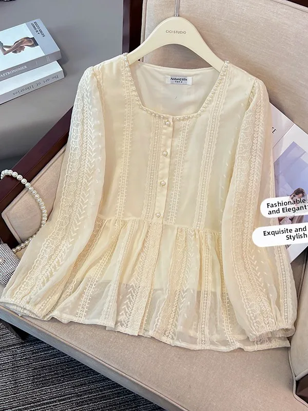 

plus Size Women's Pearl Collar Shirt Spring 2024 Korean Style Loose Fit Long Sleeve Cover Belly Slimming Top for Younger Look