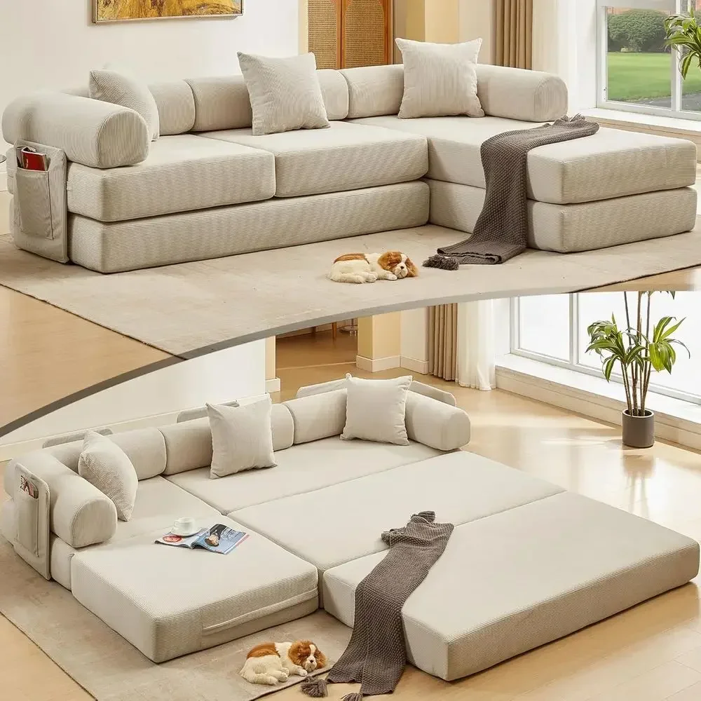 Convertible L-Shaped Sofa Bed with Cylindrical Pillow, Reversible Chaise, and Storage for Living Room, Beige