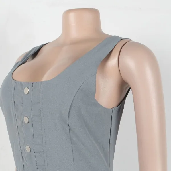 فستان نسائي ميدي بجيوب وأزرار عالية الشارع تفاصيل فستان بدون أكمام فساتين نسائية للنوادي الليلية ملابس كلوبوير صيف 2025 #5