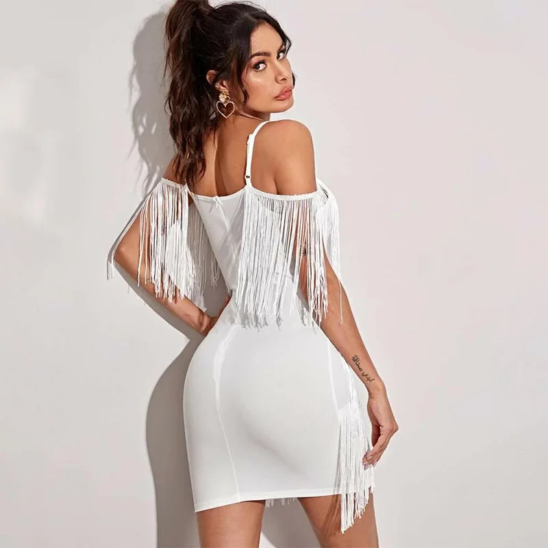 Women's Elegant Bandage Dress, Club Party Dress, Sexy V Neck, Off Shoulder, Tassel, Mini Fringe, Summer, 2018