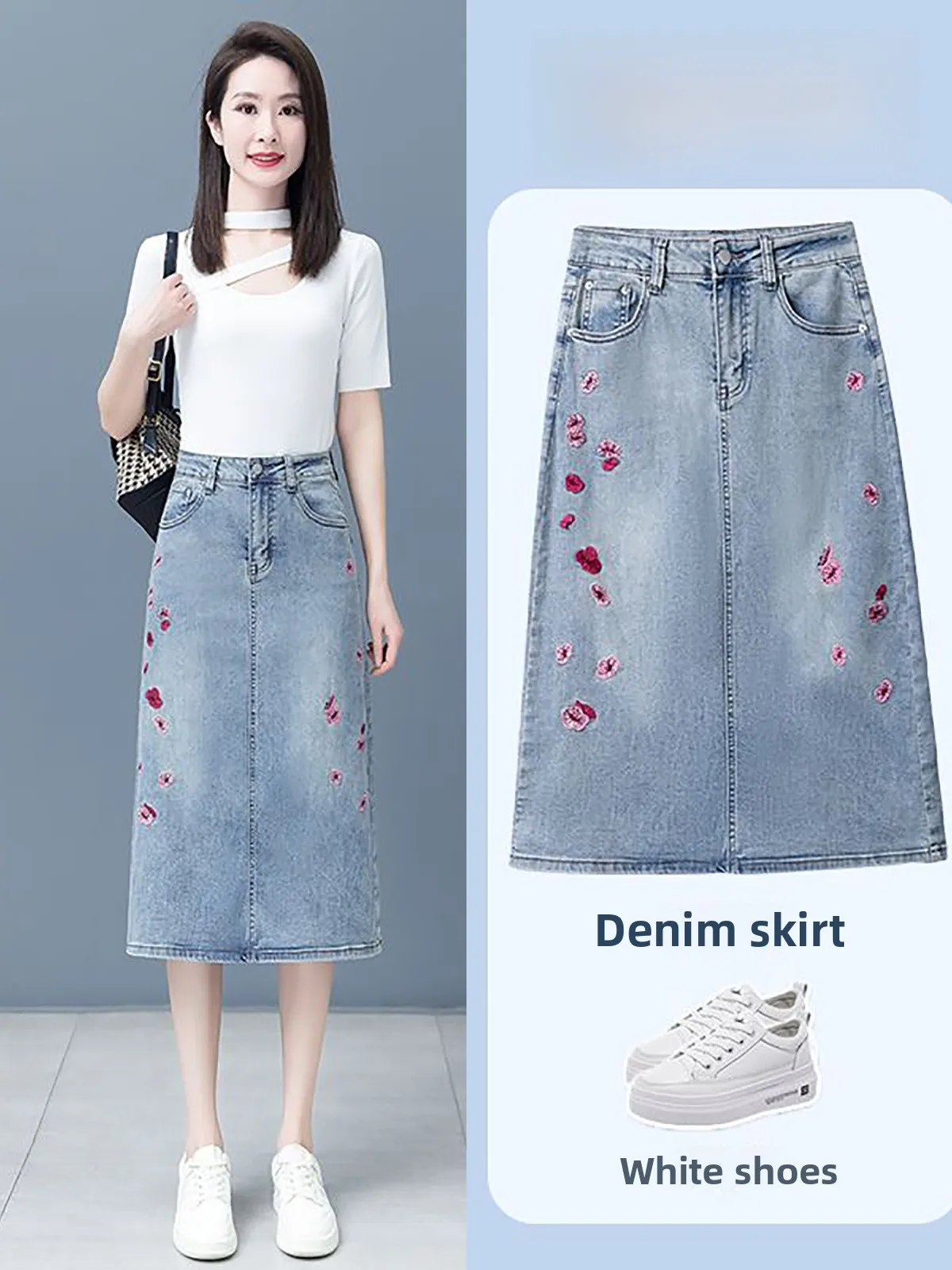 

High Waist Embroidered Denim Skirt Mid-Length Elastied Skirt Print National Sle f-length Skirt Spring Summer New Arrival