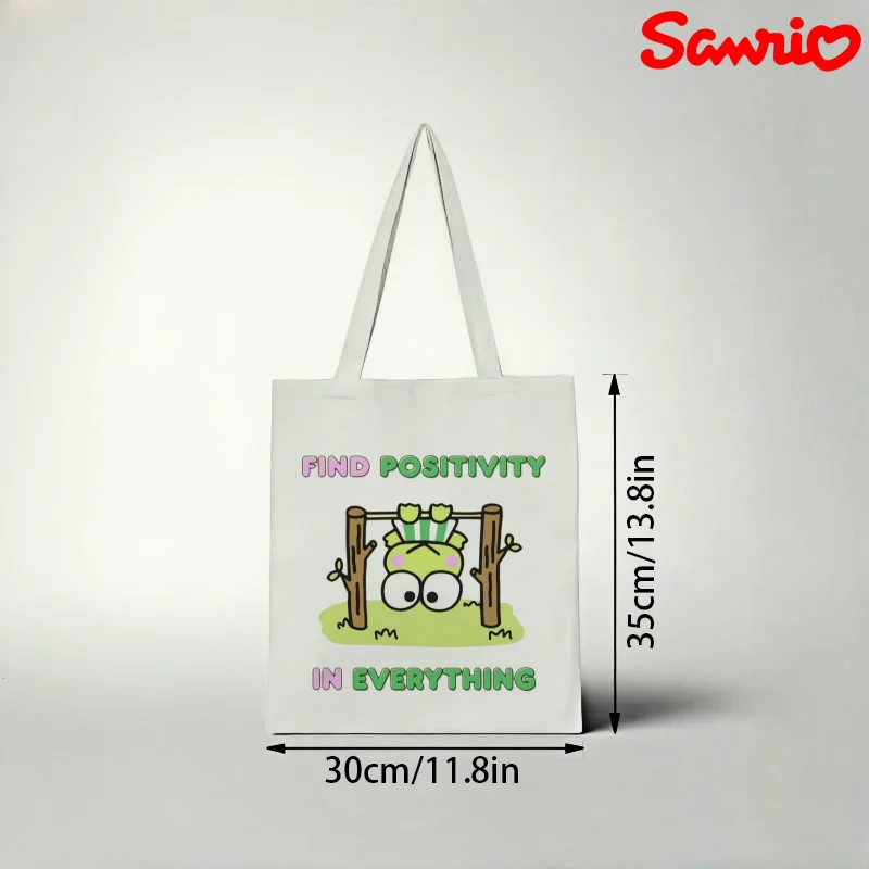

1pc Sanrio Keroppi Canvas Tote Bag, Positive Quote Upside‑Down Frog Print Eco Shoulder Bag