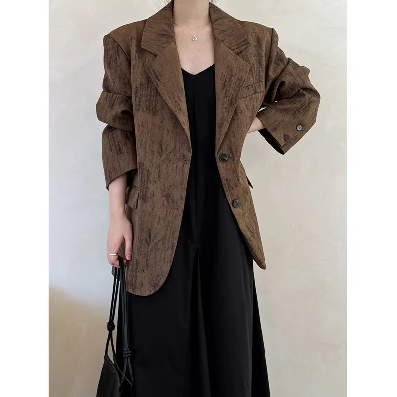 Autumn Vintage Suit Jacket Women Notched Collar Loose Single Breasted Silhouette Suit Coat