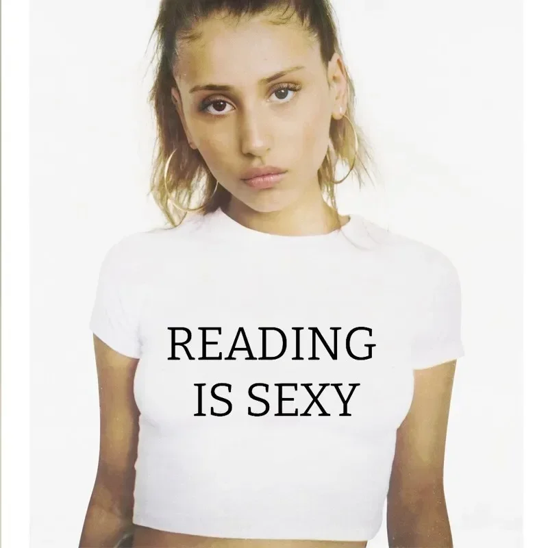 Reading Is Sexy Graphic Cropped Tops Women Fashion Short Sleeve T Shirt Y2k Clothes Gothic Baby Tee Book Lover Female Clothing