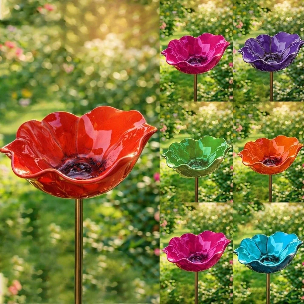 Handmade Metal Garden Stake with Bee Bath Bird Waterer, Outdoor Decorative Art