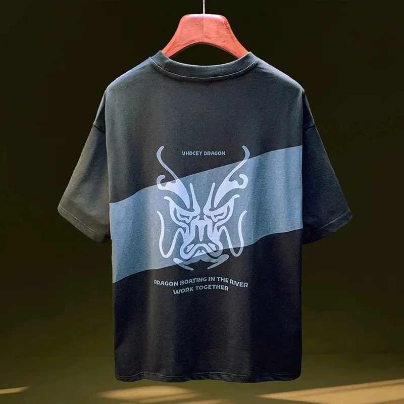 Summer color blocked printed short sleeved T-shirt for men, thin and niche design, loose casual trendy men's clothing