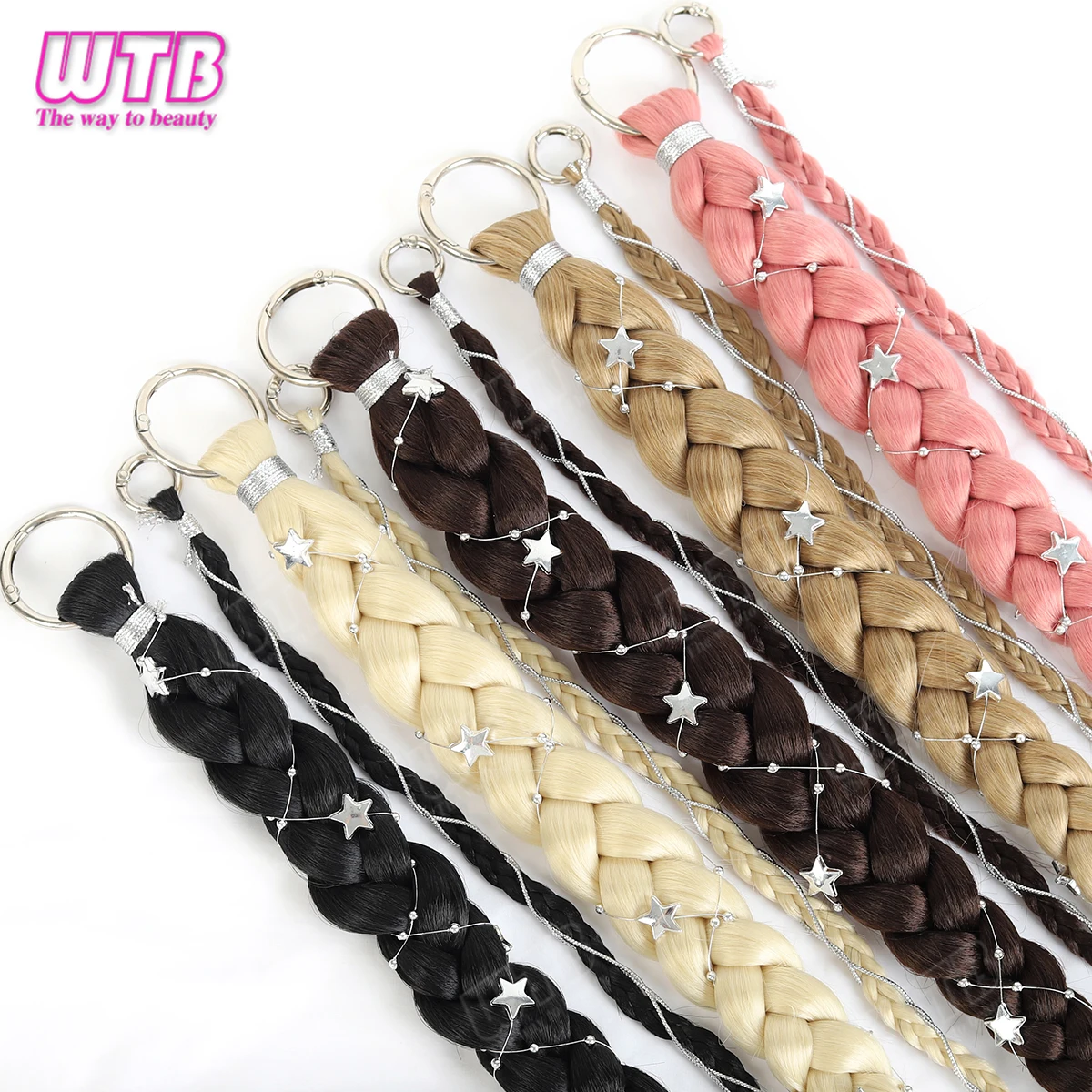 24 Inch Y2K Braided Ponytail with Metal Key Ring, Silver Star Decor Synthetic Braid Hair Piece Halloween Holidays& Daily Hair