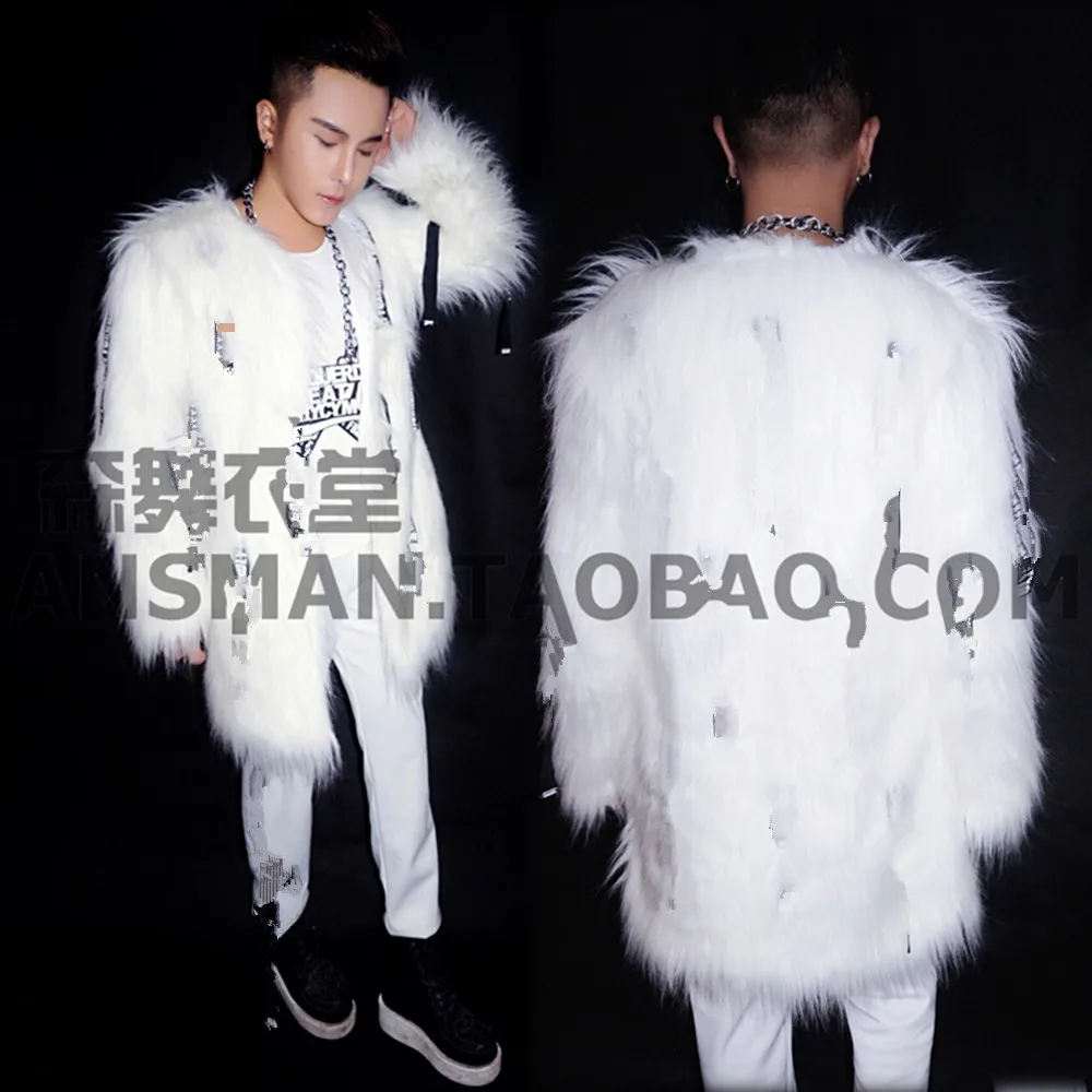 Nightclub Bar DJ Singer White Letter Faux Fur Fashion Three Piece Set for Men's Party and Casual Performance Clothing