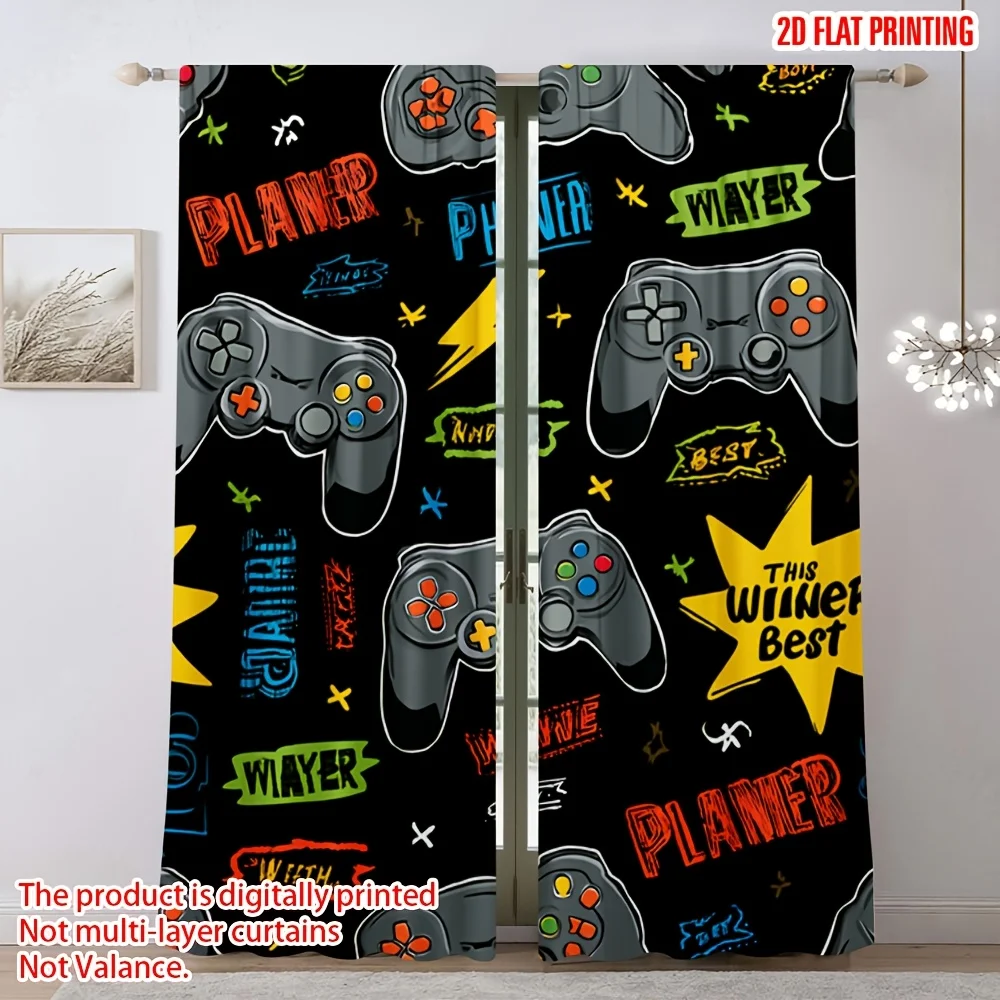 2PCS Digital Printed Curtains, Graffiti Game Console Pattern, Beautiful Window Drapes for Living Room Bedroom Home Decor