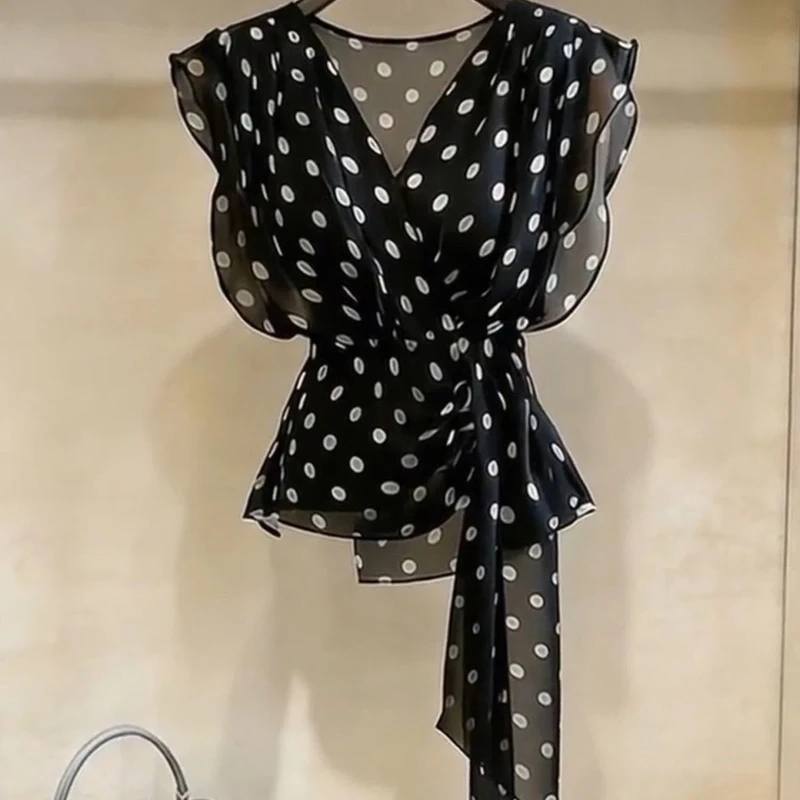 Chiffon Polka Dot Printing Bandage Vintage Blouse Thin Sleeveless Temperament Shirt Tops Summer Elegant Fashion Women Clothing