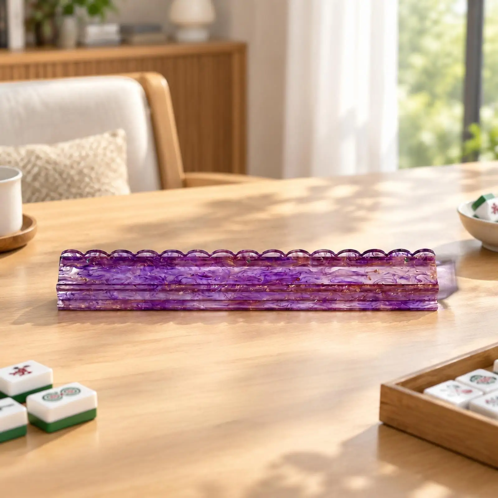Acrylic Mahjong Tile Rack Curved 20 Inch Translucent Marbled Pusher Holder for Tabletop Game Room Family Activity Setup