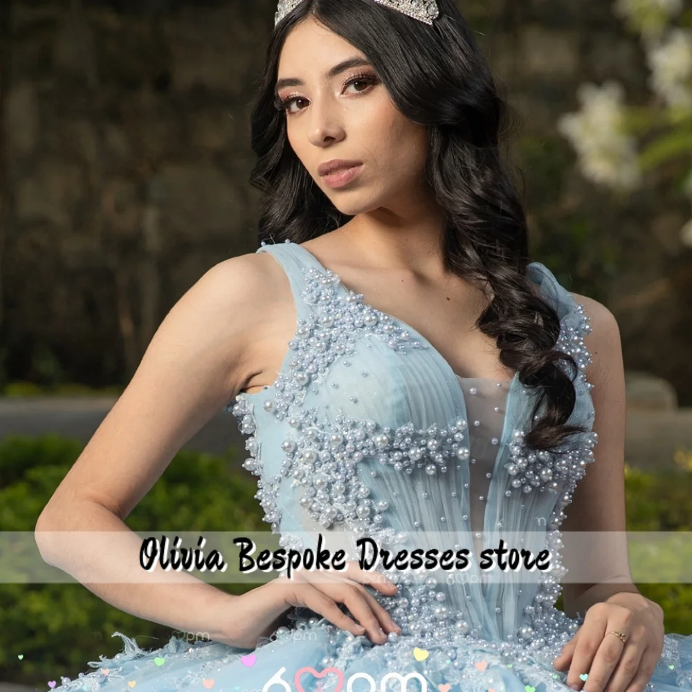 Spaghetti azzurri 15 anni Abiti Quinceanera Applicazioni di pizzo con perline Abito da ballo abiti xv anni Personalizzato