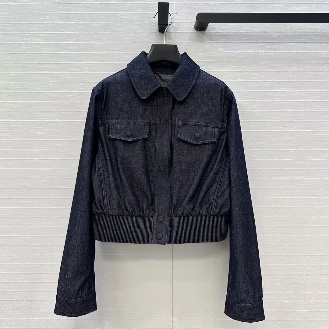 

2025 New Autumn Vintage Navy Denim Short Design Jacket Women Lapel Long Sleeve Single Breasted Front Pockets Casual Loose Coat