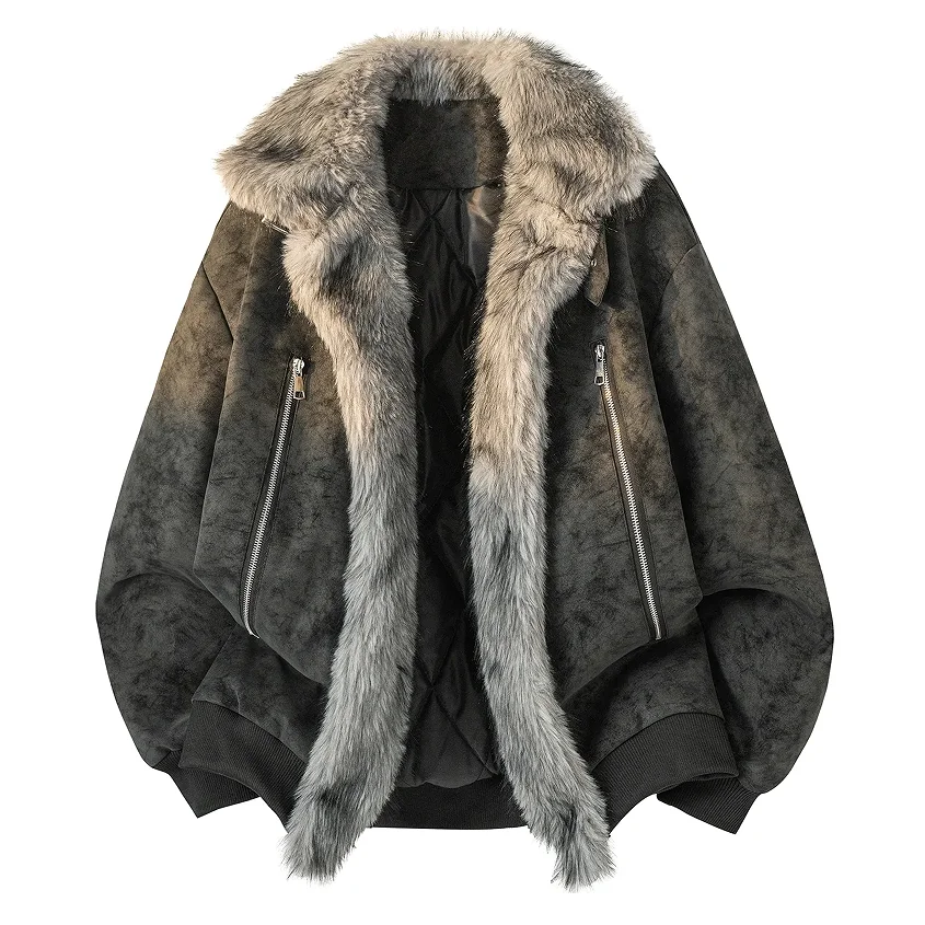 

Winter Large Size Men's Cotton Jaet Faux Fur Collar Distred Fluffy Outerwear Casual Stand Fit Thiened Zipper Closure