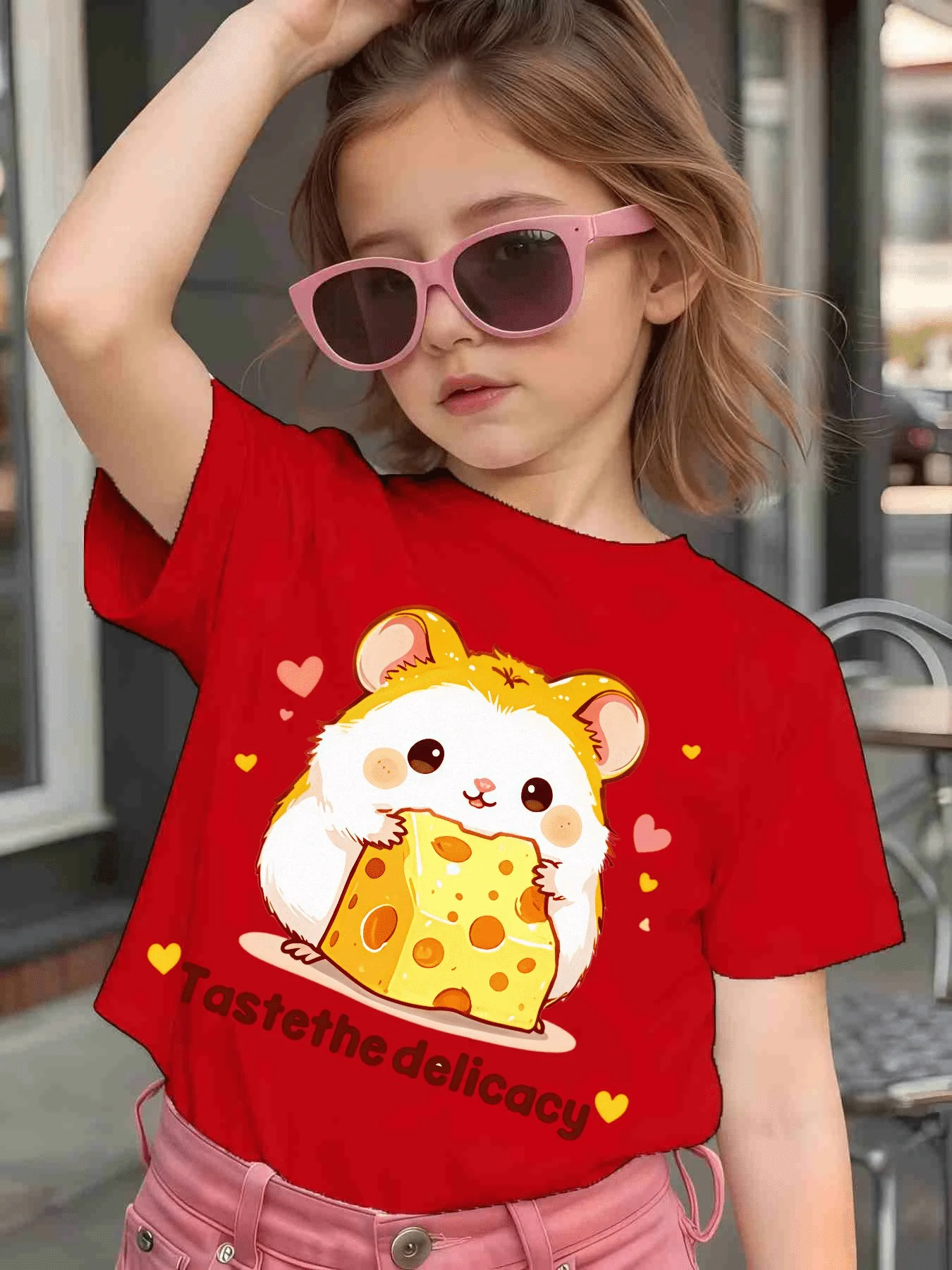 Cute Hamster Cheese Heart Cartoon Graphic Kids Tee Boys Girls Family Matching Cotton Crew Neck Short Sleeve Soft Summer Tee