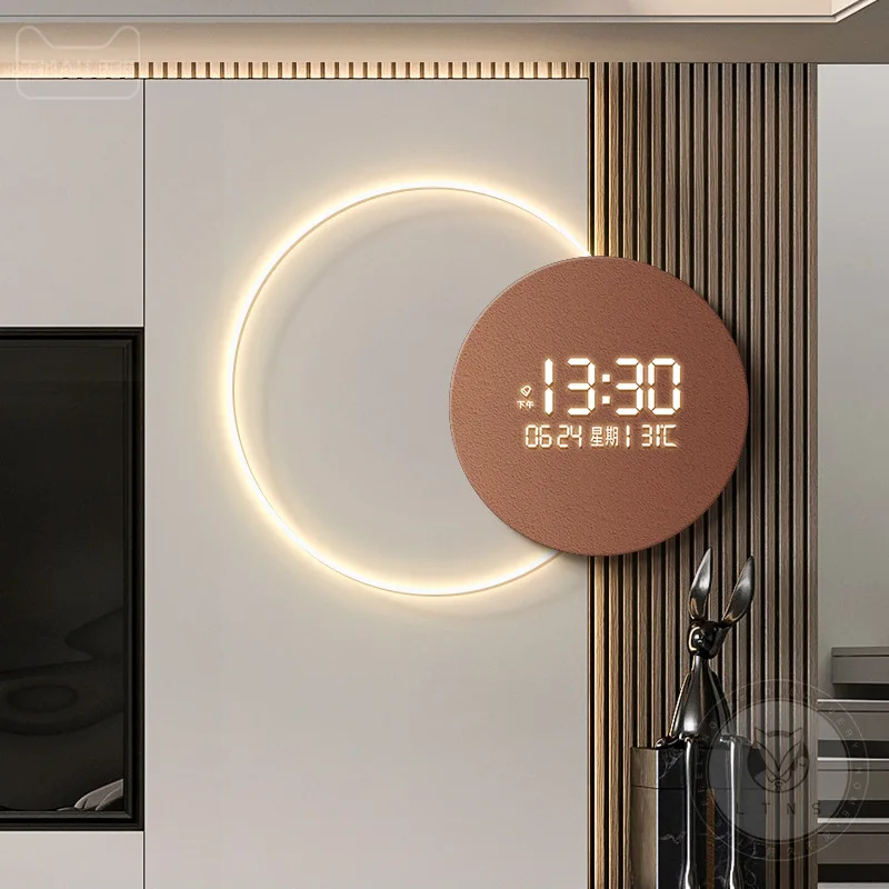 Modern light luxury living room decoration painting digital display wall clock moon glowing high-end clock