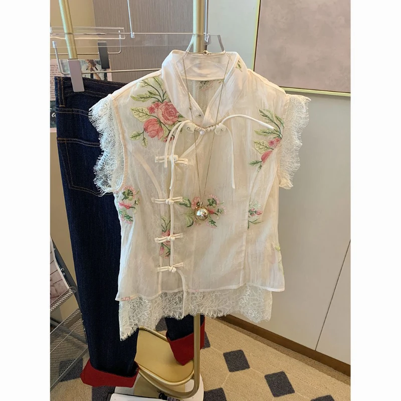 

Female Tees Casual Patchwork Shirt Women Sleeveless Spliced Single Breasted Chic Shirts Female Style Chiffon Print Blouses Q564