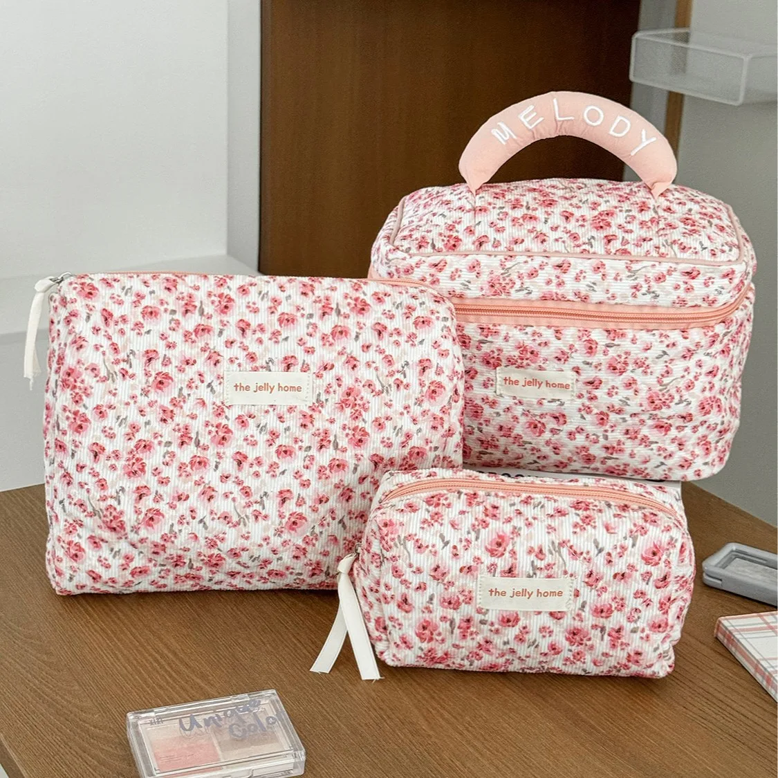 Corduroy Makeup Bag Women Pink Rose Floral Sweet Cute Portable Travel Cosmetic Toiletry Organizer