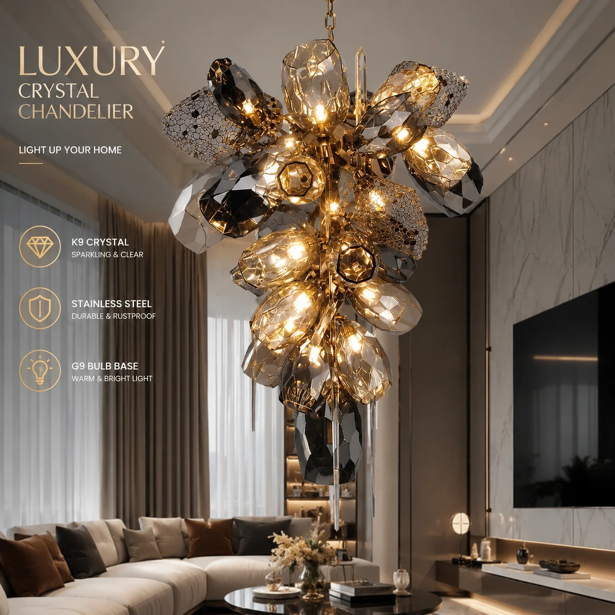 Luxury Designer Glass Chandelier with K9 Crystal Modern Pendant Light for Dining Room Staircase Foyer Villa Decor