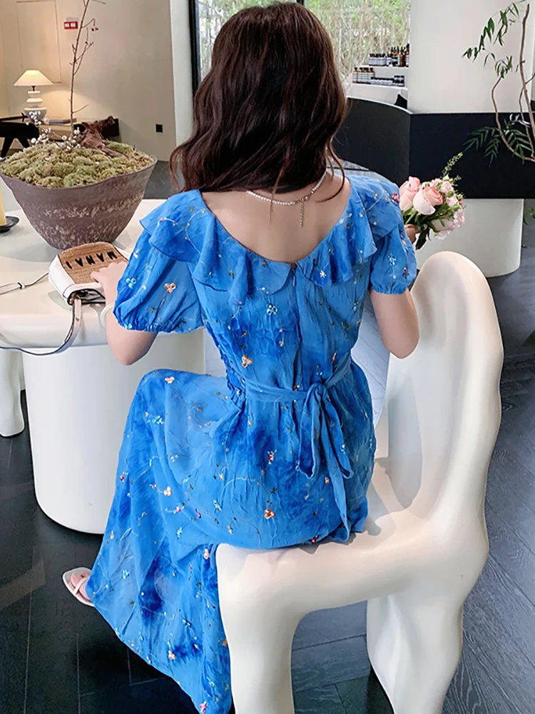 المرأة الأزرق التطريز الأزهار القوس تكدرت طوق فستان طويل الصيف أنيقة ضمادة فستان 2025 الكورية موضة فستان مناسبات غير رسمية