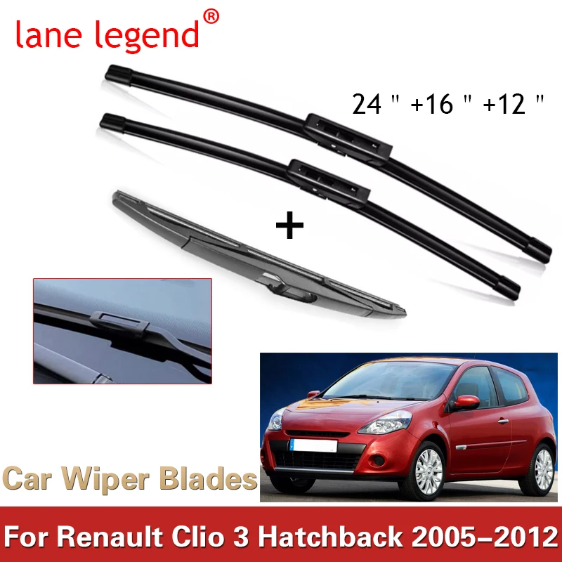 

For Renault Clio 3 III Hatchback 2005-2012 24"+16"+12" Front Rear Wiper Blades Windshield Windscreen Window Cutter Accessories