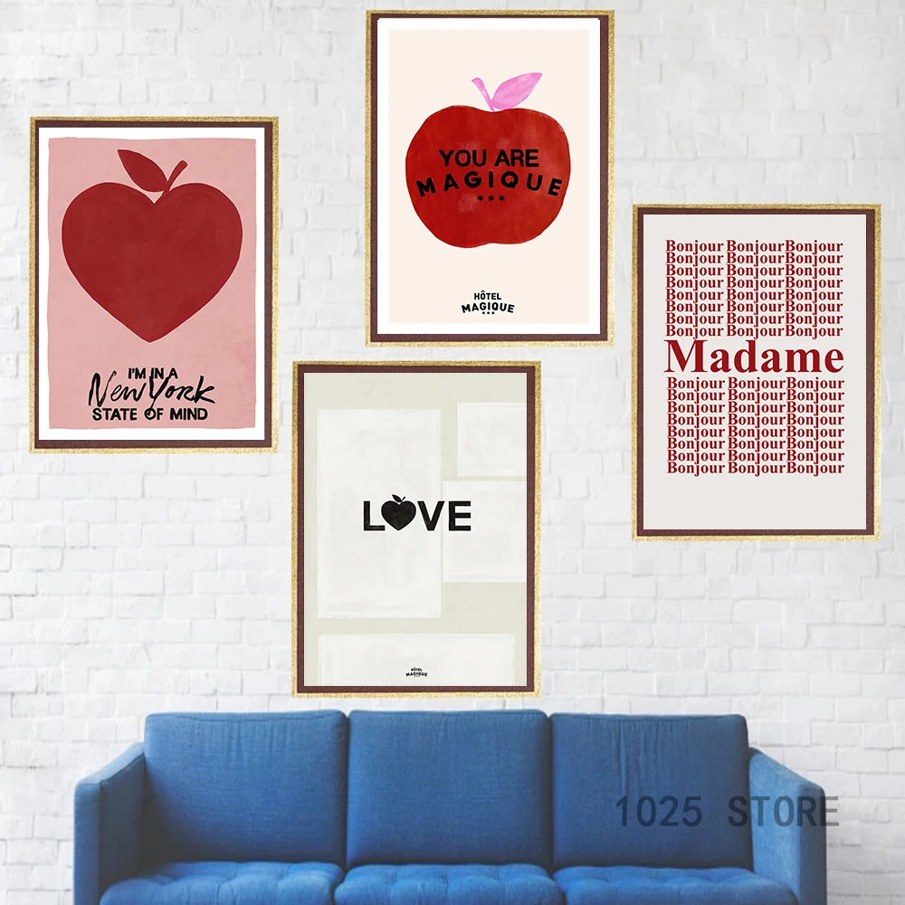 1pc frameless Canvas Painting Modern Nordic Retro Art Red Love Apple Simple French Abstract Love Poster Picture Canvas Printing