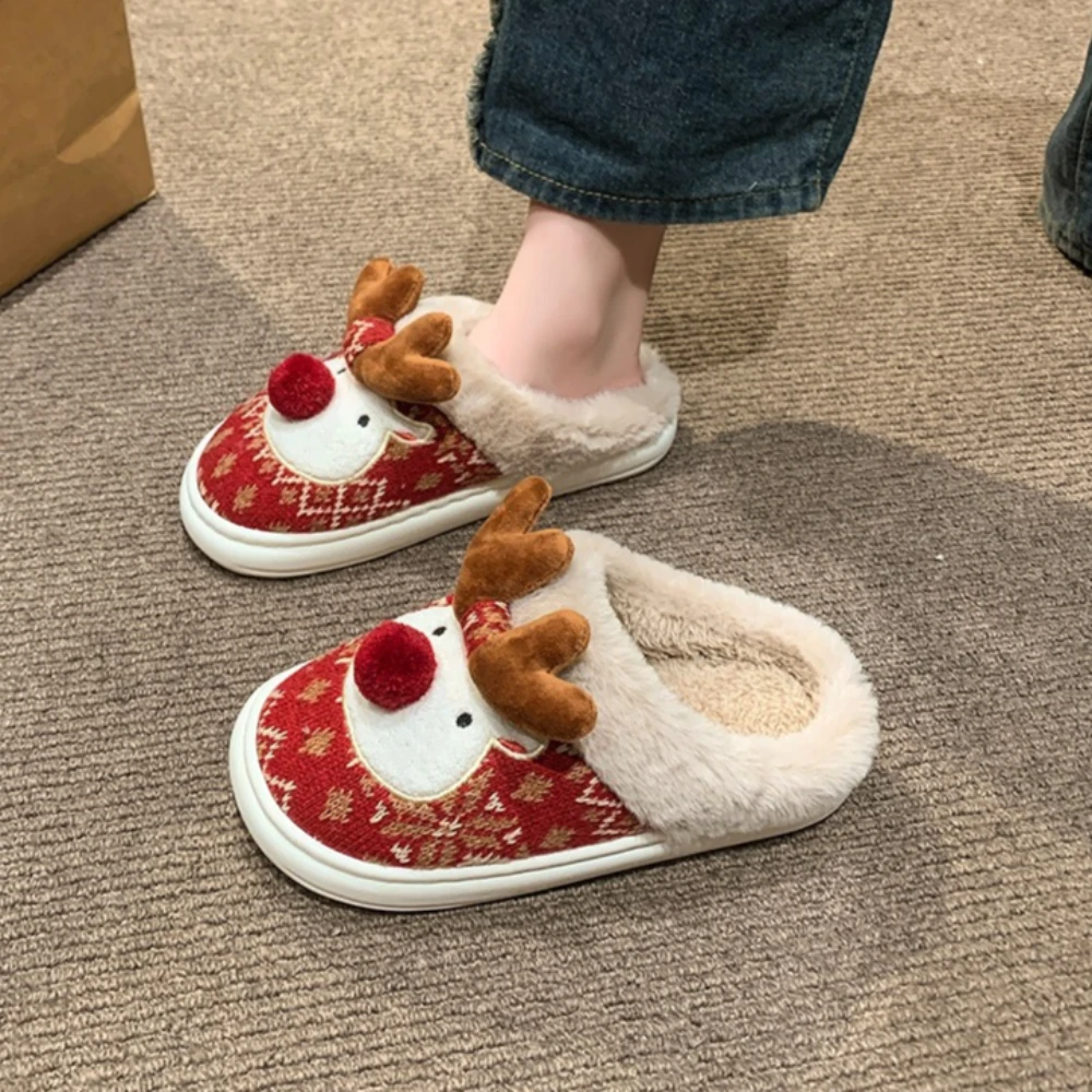 

New Winter Lovely Women's Slippers Home Cute Cartoon Cotton Slippers Christmas Deer Non-Slip House Shoes