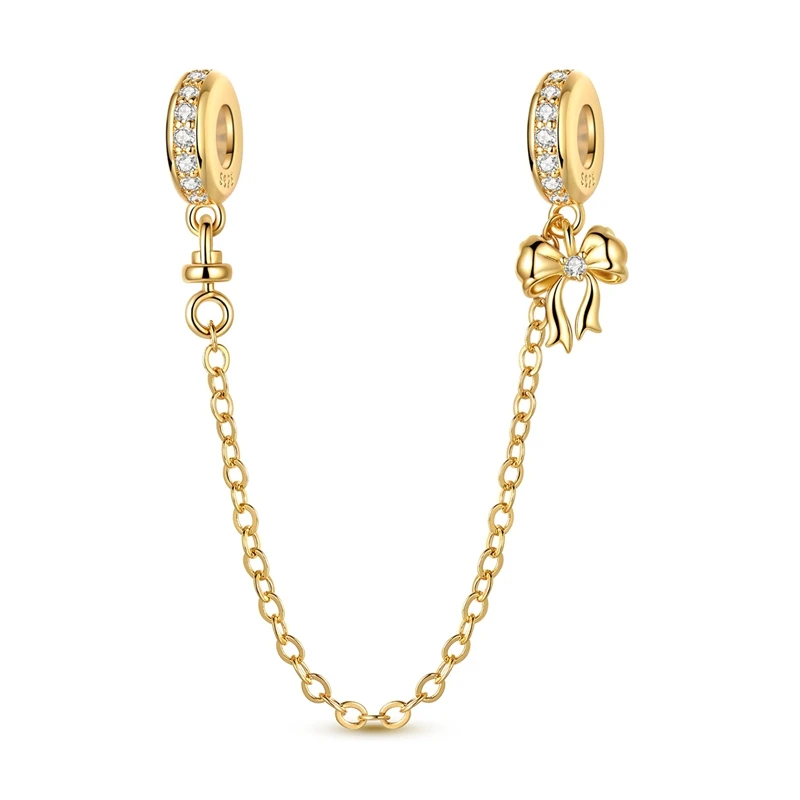 

925 Sterling Silver Golden Bowtie Rubber Plug Safety Chain Charms Pendants Fit Original Bracelet Jewelry DIY Marking Gift