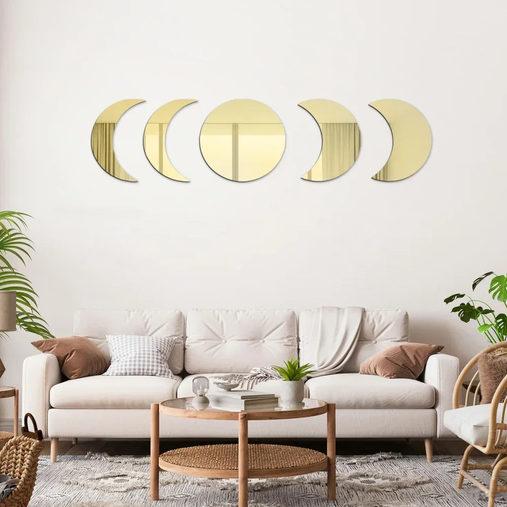 Acrylic Moon Phase Mirror Wall Decoration Mural 5 PCS 5Pcs Full-face Adhesive Set Of 5 Five Pieces Gold Interior Design
