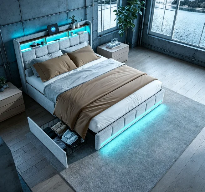 Polsterbett mit Schubladen, 90/140/160/180x200 cm mit Stauraum, Doppelbett mit LED und USB, ohne Matratze