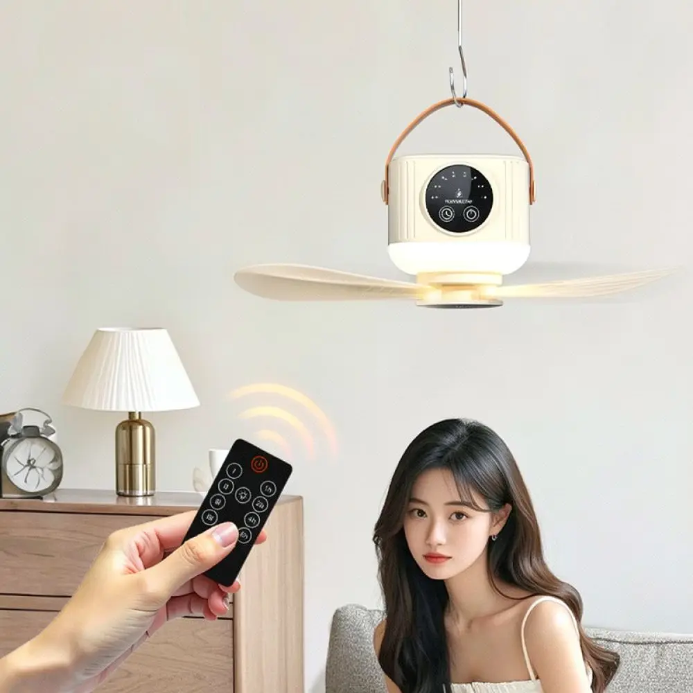 Outdoor Camping Fan With LED Light Remote Control Rechargeable Portable Tent Hanging Desk Wall Cooling Fan Unit