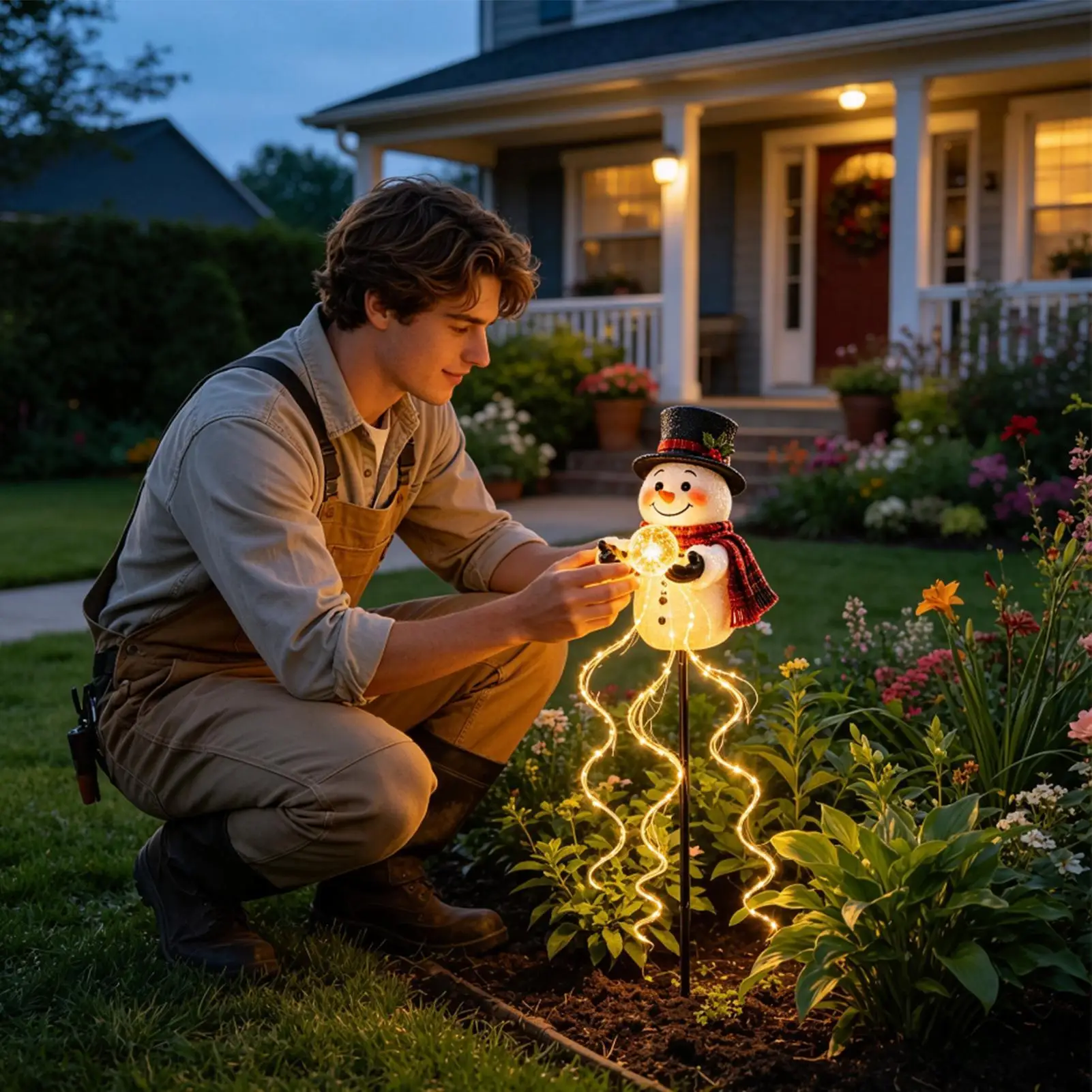 Solar Outdoor Stake Lights Christmas Snowman Shape LED Fountain Lighting Solar Pathway Lights With Flowing Snowflake For Yard