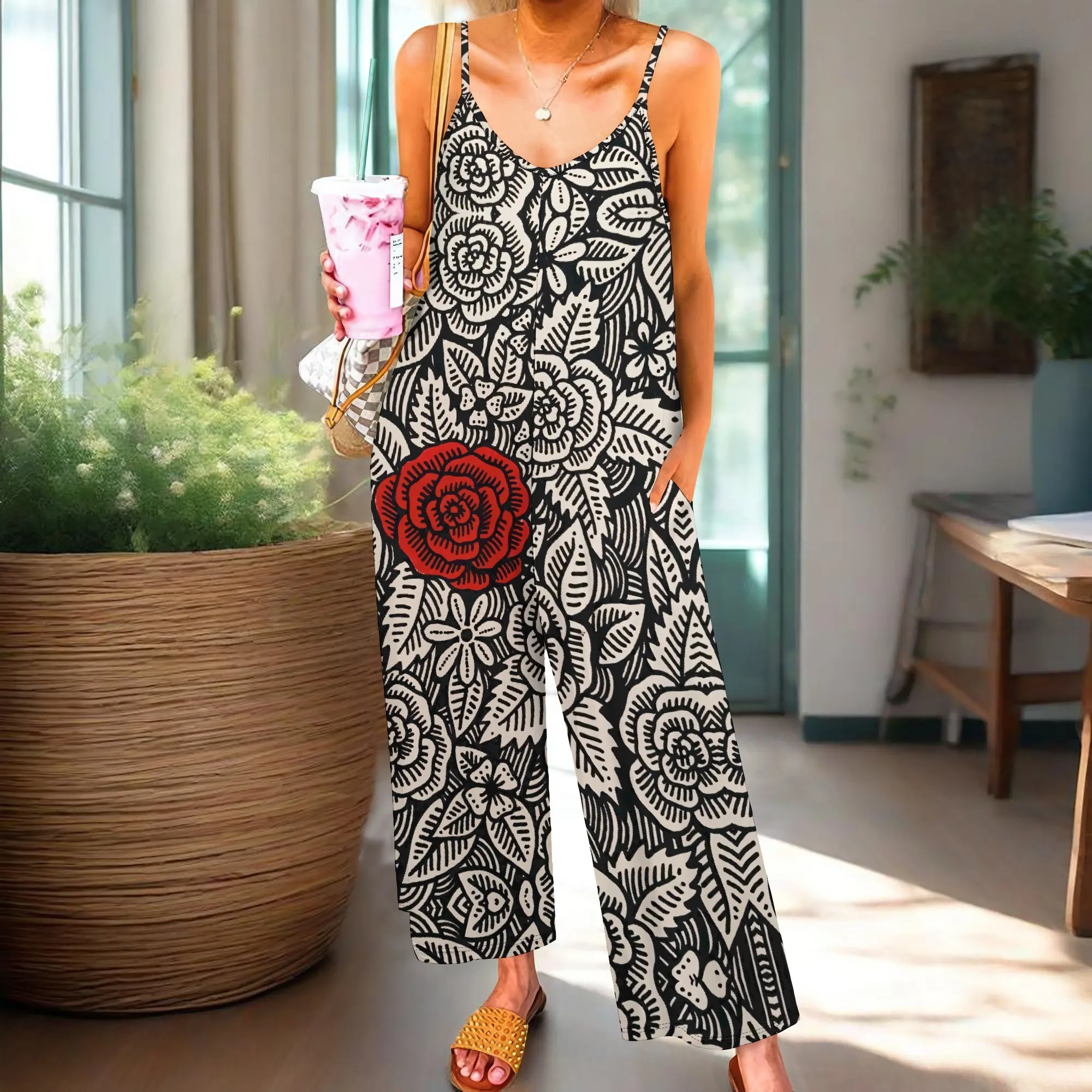 EQQZD Women's Grey Striped Spaghetti Strap Pocket Jumpsuit Polyester Straight-Leg Knee Beach Summer Bold