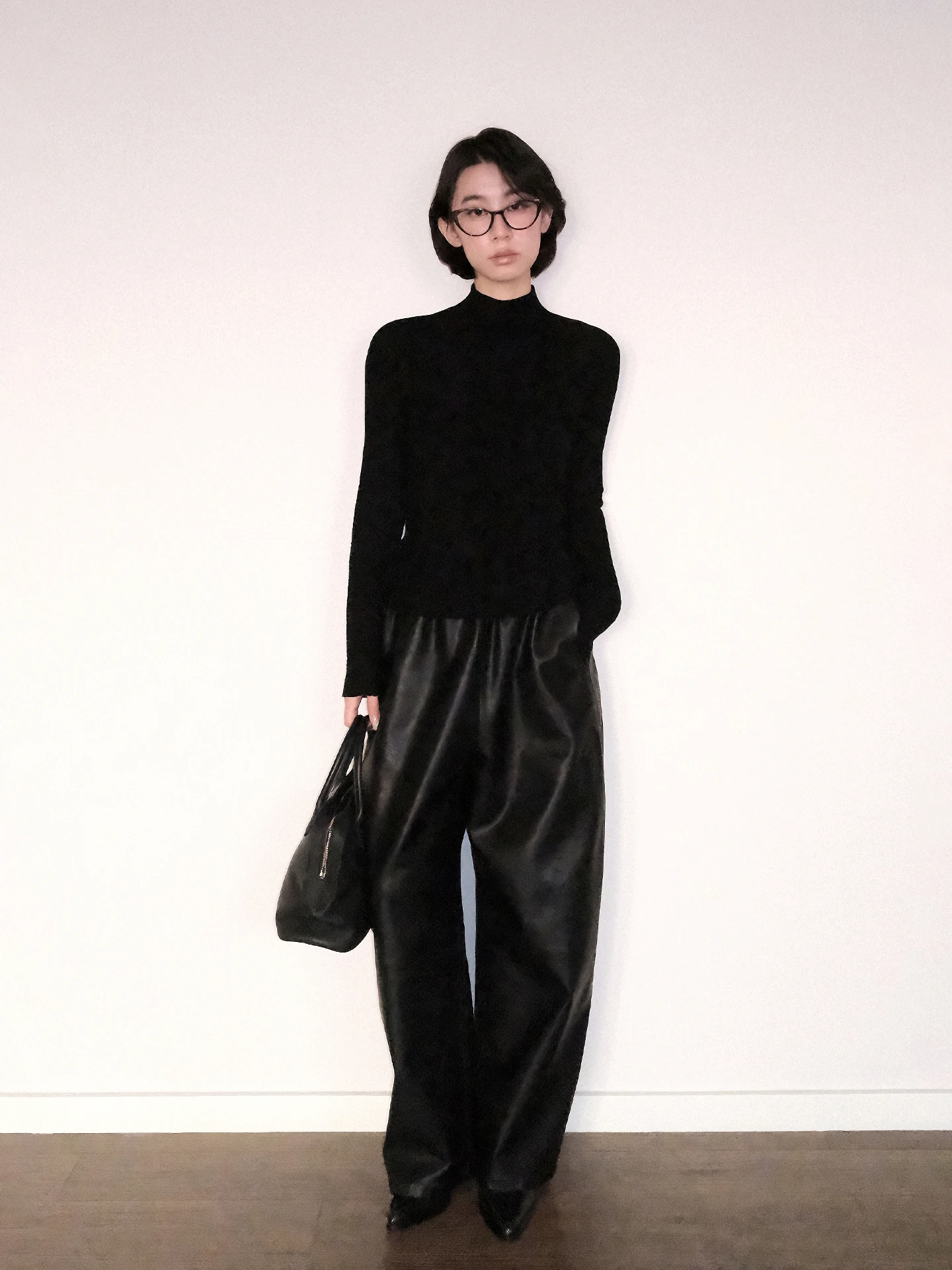 

Versatile Arc Texture Protein Leather Loose Long Pants Women's Casual Faion High Waist Straight Leg Polyester Fiber