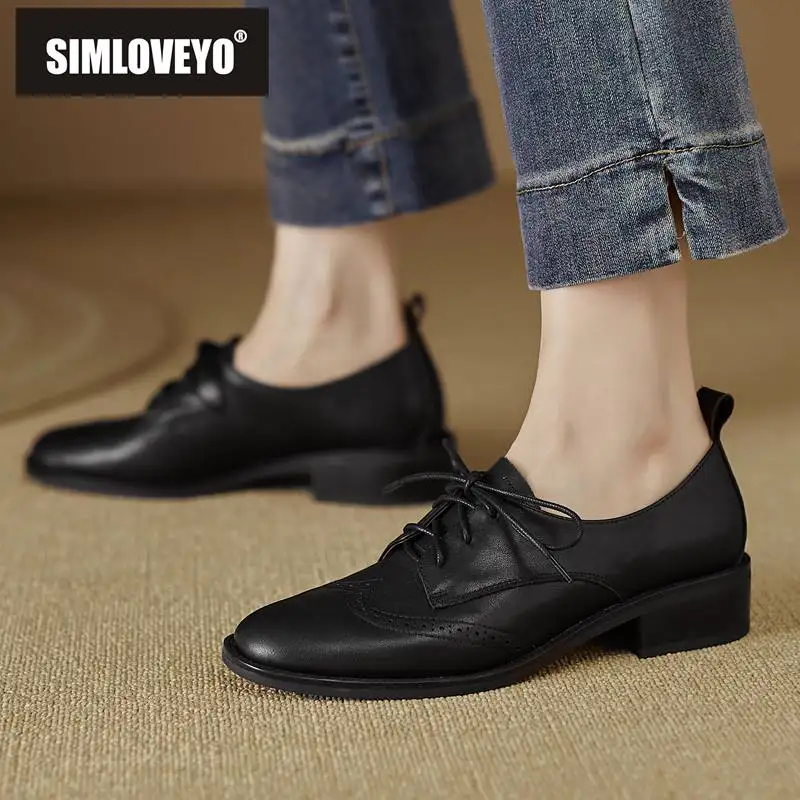 

SIMLOVEYO Spring Women Pumps Cow Leather Round Toe Low Heels Outdoor Lace Up School Uniform Retro Plus Size 40 Loafers Concise